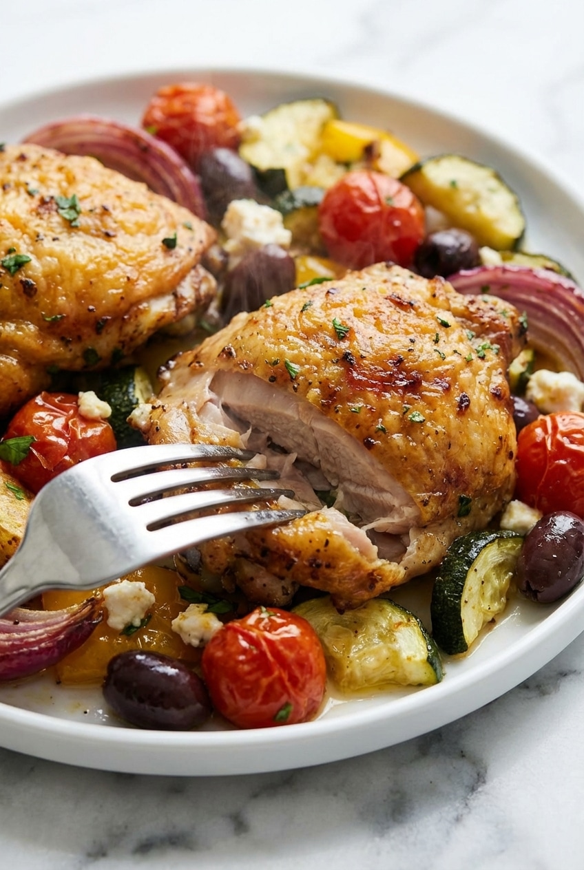 Roasted potatoes and zucchini on a baking tray for greek sheet pan chicken showing caramelized edges.