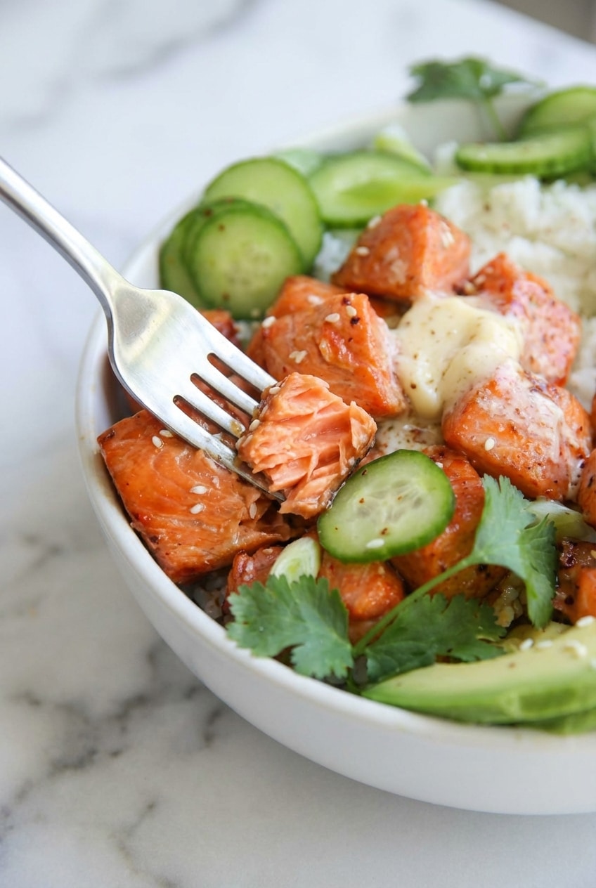 Close-up of a hot honey salmon bowl showing the caramelized glaze achieved via the Maillard reaction in an air fryer.