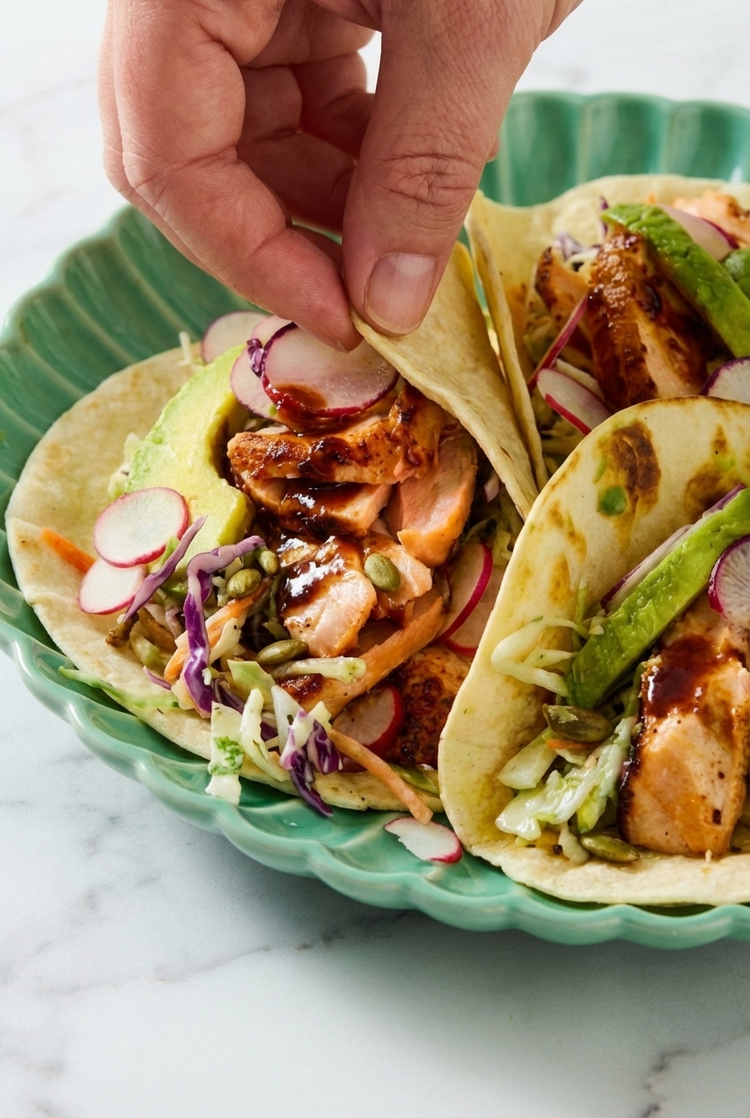 Flaky salmon tacos garnished with cilantro lime on pliable tortillas, showcasing the perfect sear.