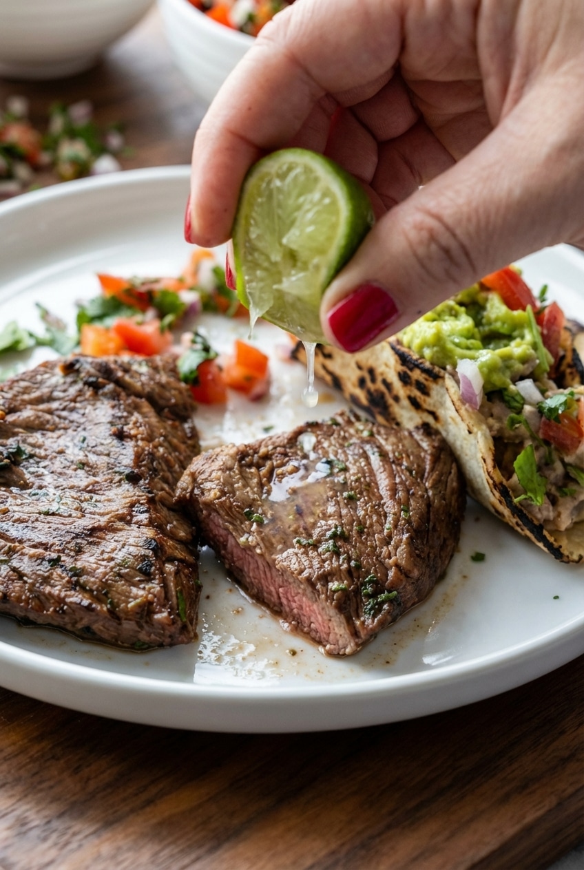 Close up of grilled skirt steak for Carne Asada Tacos showing a deep brown crust from the Maillard reaction