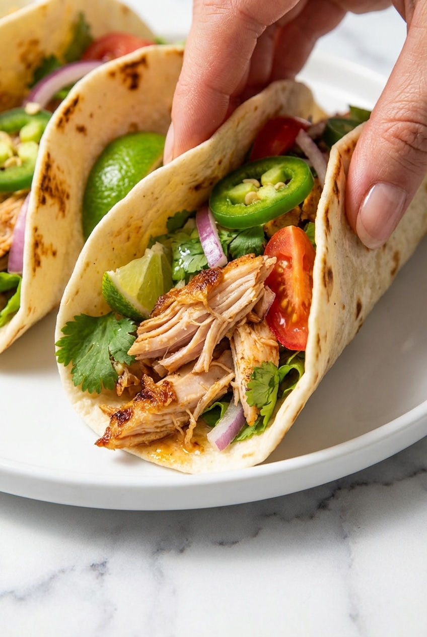Tender shredded chicken for Slow Cooker Chicken Tacos before being broiled for a crispy texture.