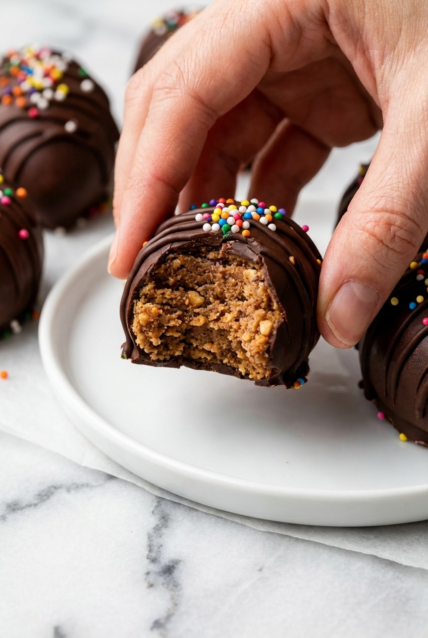 A close-up of the perfectly smooth, glossy chocolate shell on the finished malted peanut butter eggs.