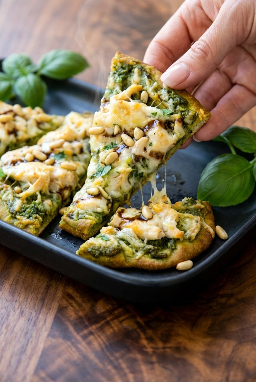 Toasted naan crust for chicken pesto flatbread showing golden brown edges from a hot baking sheet.