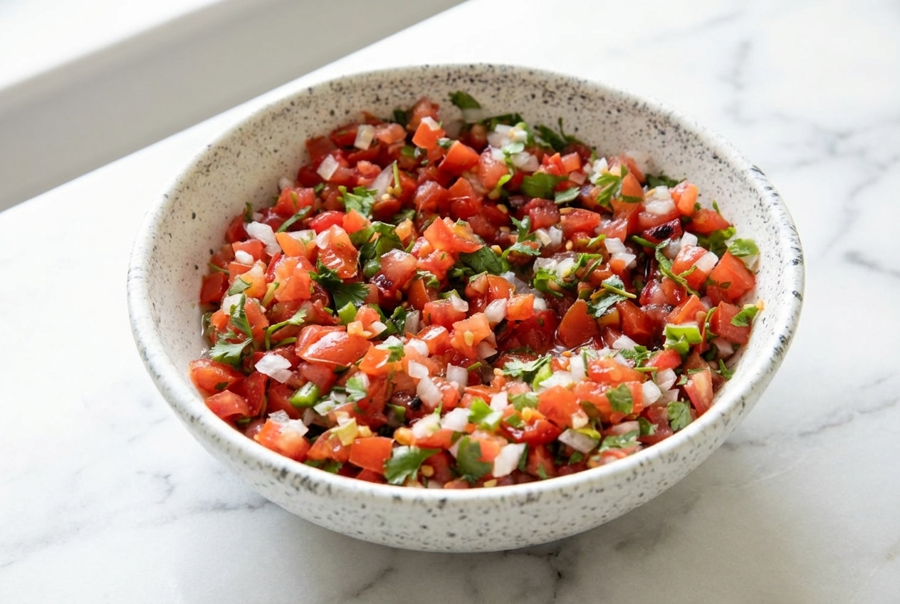 Chunky Pico de Gallo recipe featuring a smoky charred-serrano infusion in a ceramic bowl.
