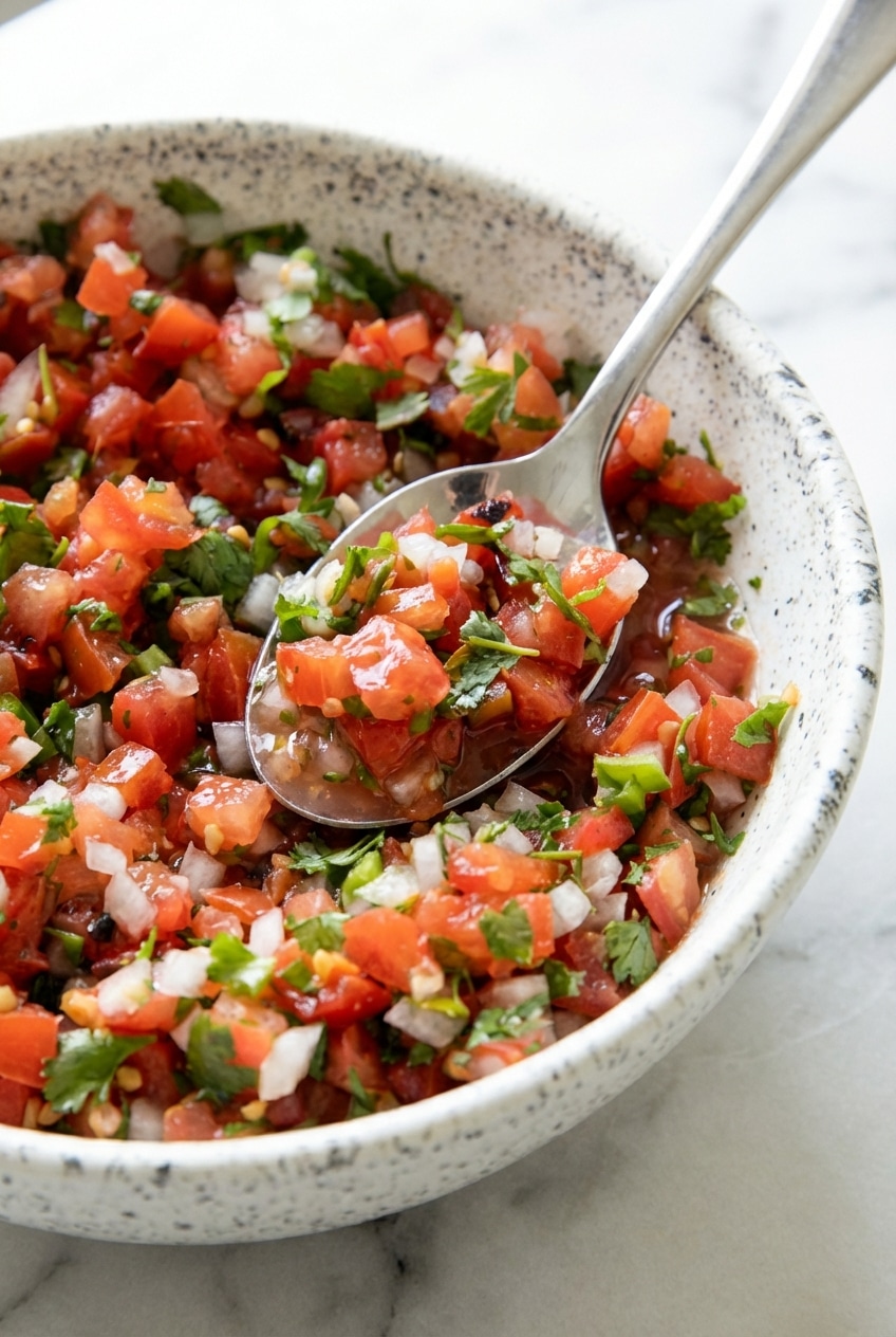 Close-up of finely diced vegetables in a Pico de Gallo recipe showcasing uniform knife skills and juicy texture.
