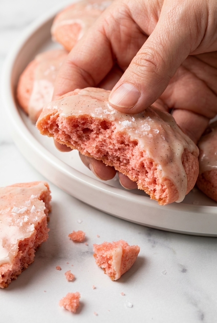 Close-up of a pillowy strawberry cake mix cookie showing a soft interior and melted white chocolate chips.