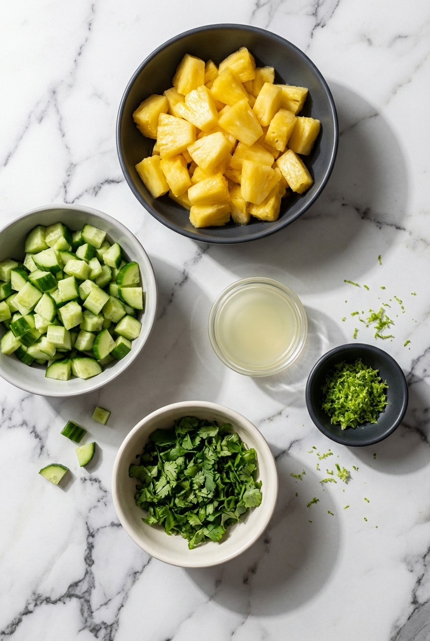 Fresh English cucumber, sliced pineapple, red onion, and lime zest arranged for a pineapple cucumber salad.