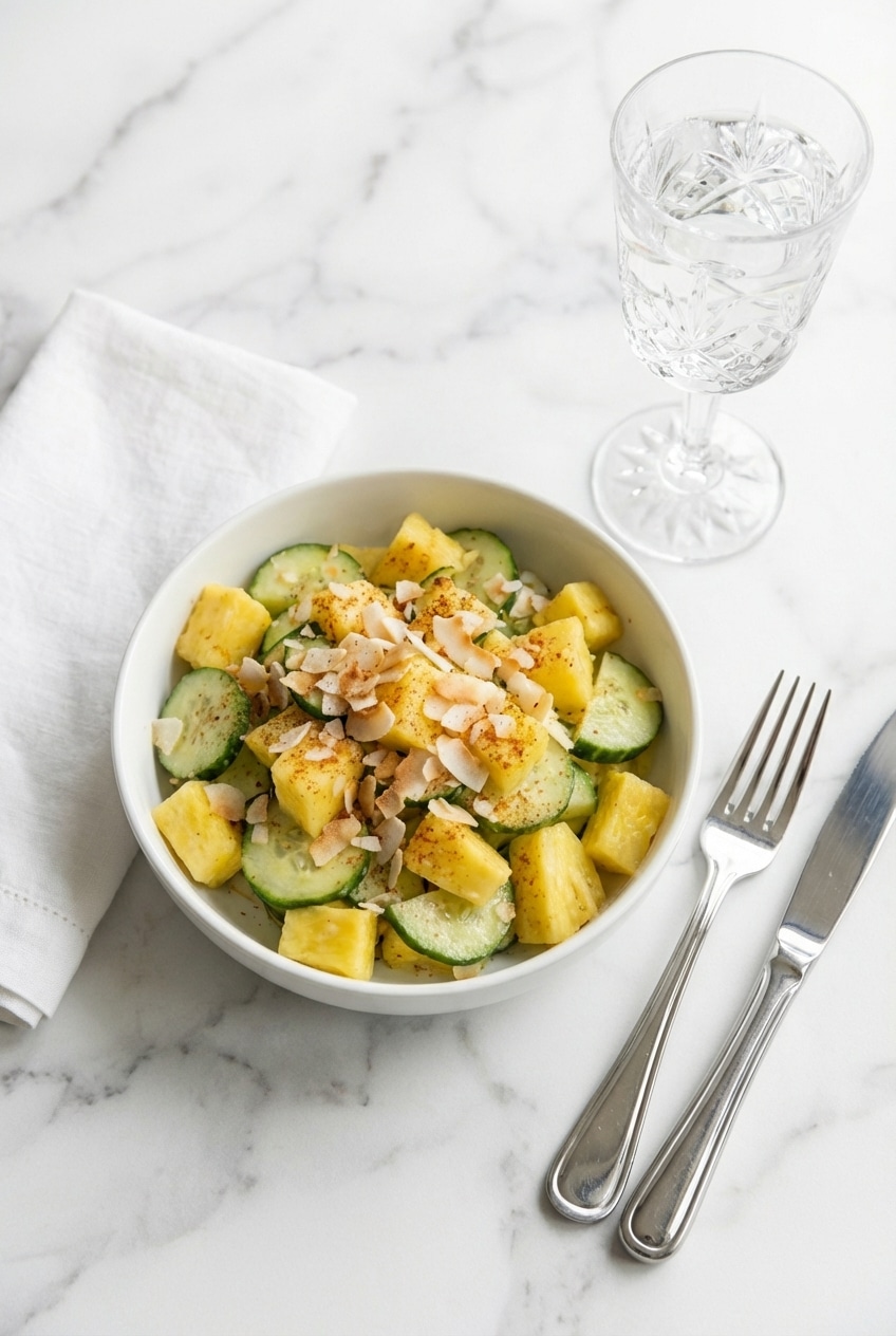 A side view of pineapple cucumber salad garnished with lime zest and red onion, ready for a summer party.