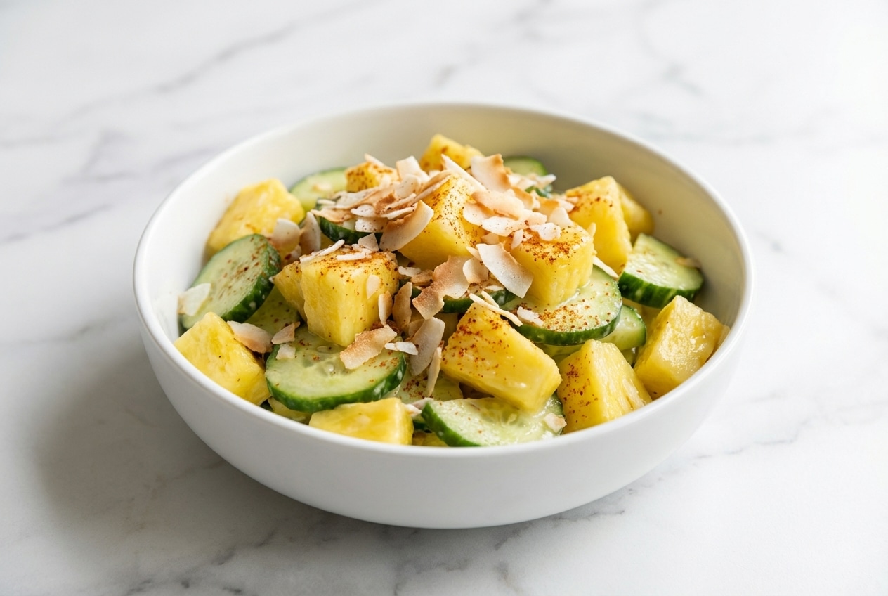 Pineapple cucumber salad topped with toasted coconut flakes and a dusting of smoked paprika in a white bowl.