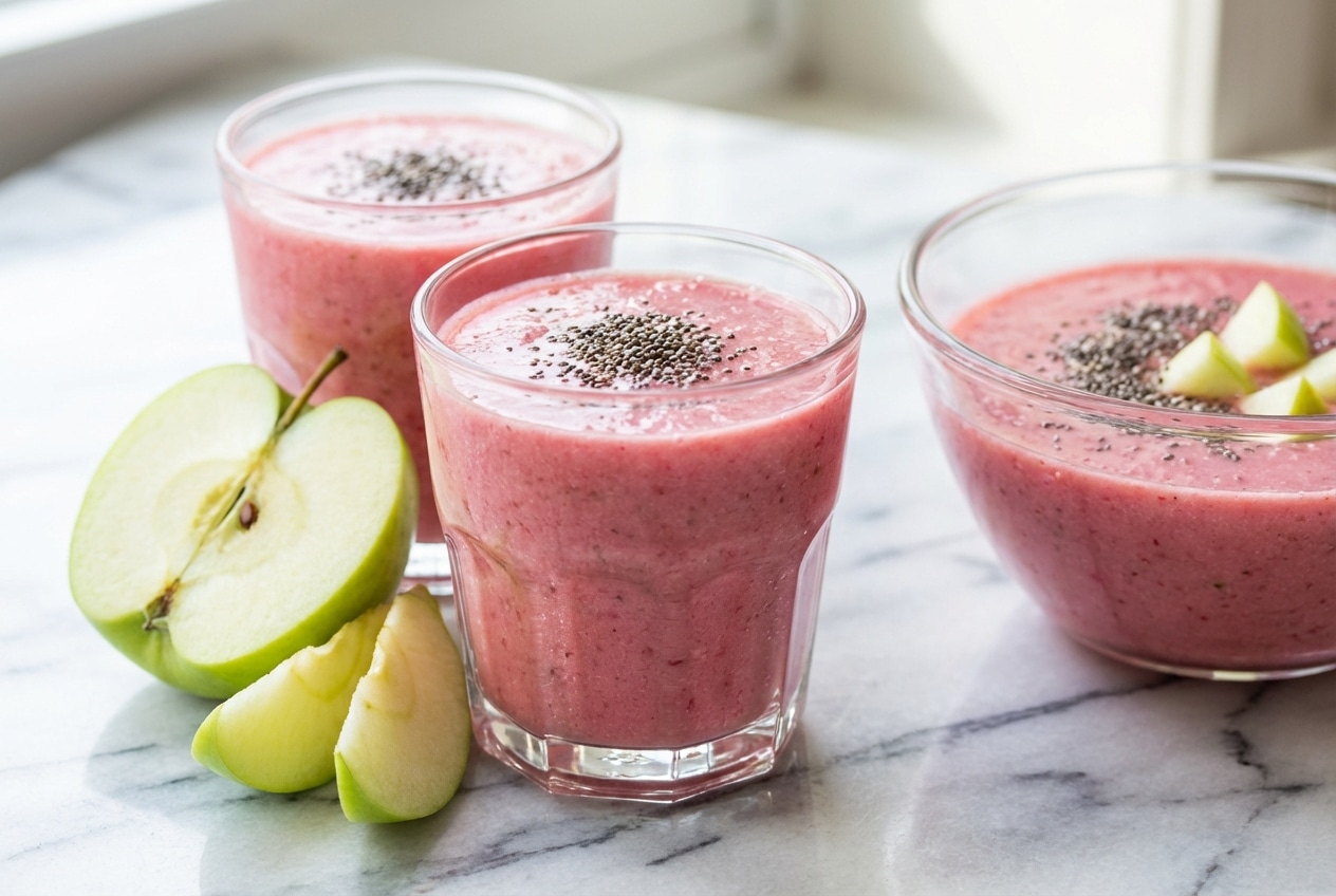 Glass of pink salt detox smoothie blended with fresh green apple and chia seeds, topped with a lemon wedge.
