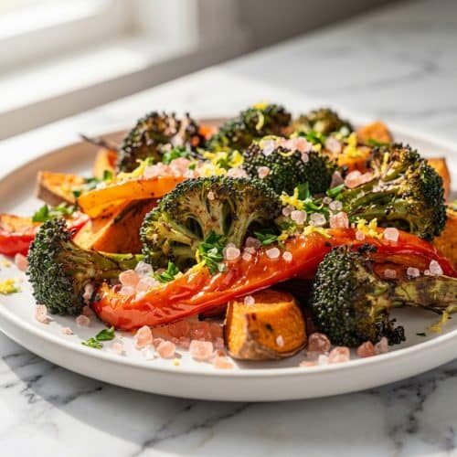 Golden pink salt roasted vegetables piled on a platter and garnished with fresh lemon-zest gremolata for a bright finish.