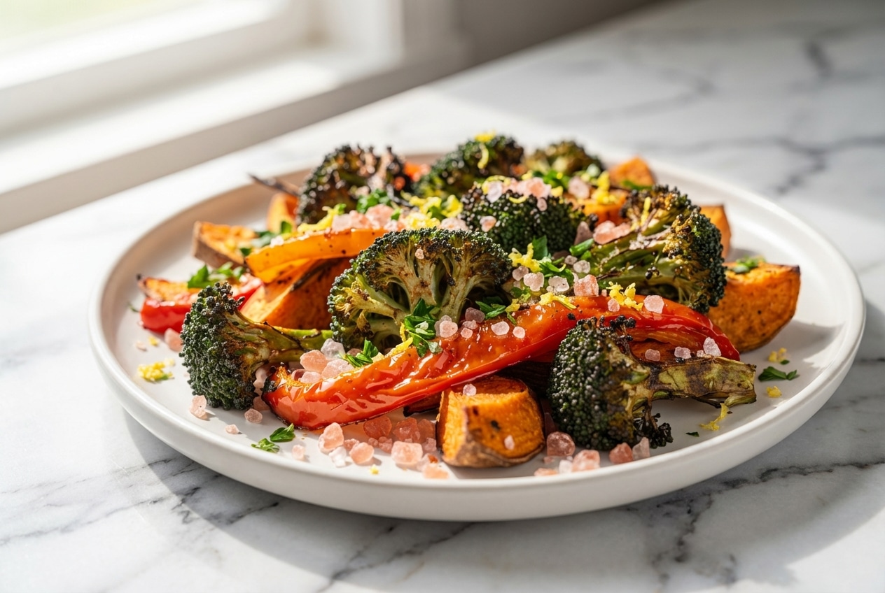 Golden pink salt roasted vegetables piled on a platter and garnished with fresh lemon-zest gremolata for a bright finish.