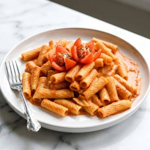 Creamy Pink Sauce Pasta with rigatoni showcasing the rich color achieved by the double tomato bloom technique.