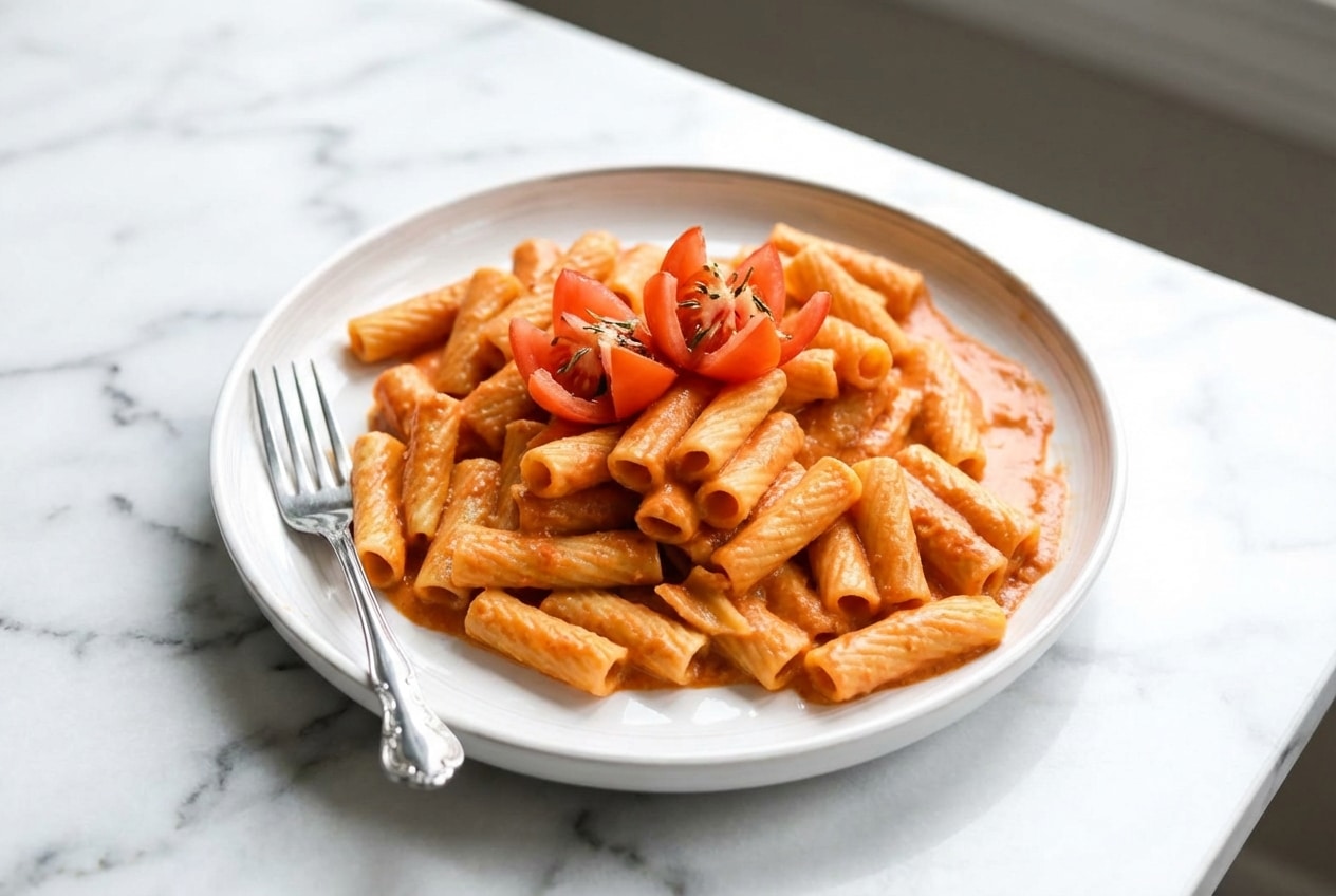 Creamy Pink Sauce Pasta with rigatoni showcasing the rich color achieved by the double tomato bloom technique.