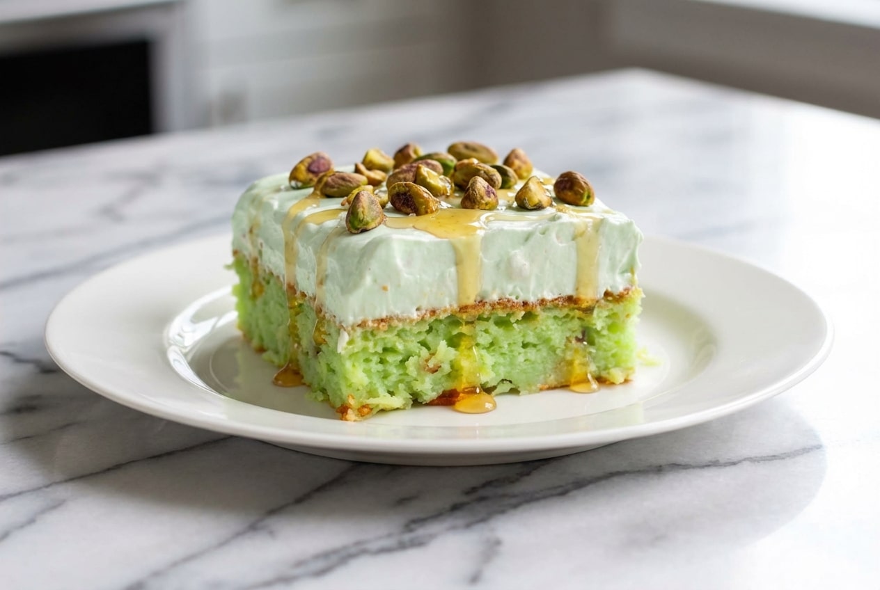 Pistachio Pineapple Paradise Cake topped with toasted pistachios, salted honey, and creamy coconut milk frosting.