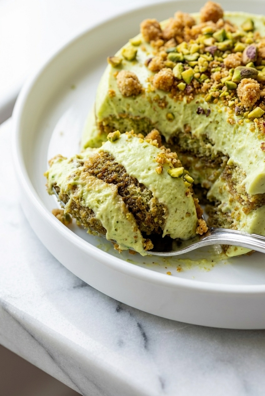A close-up of the golden brown butter pistachio crumble topping on the creamy layers of our pistachio tiramisu.