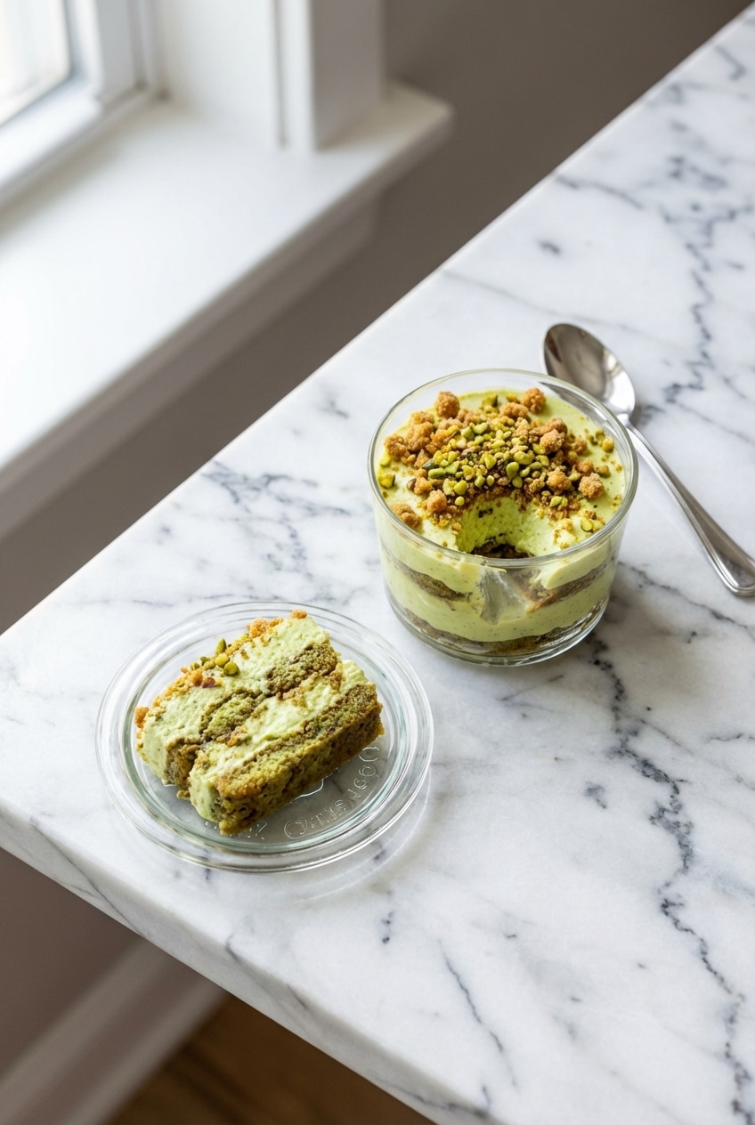 A large glass dish of finished pistachio tiramisu, ready to be served for a special occasion or family gathering.