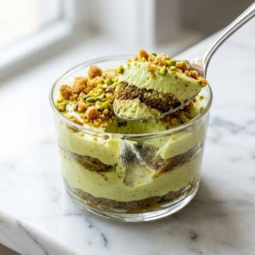 A slice of creamy pistachio tiramisu on a plate, topped with a generous layer of crunchy brown butter pistachio crumble.