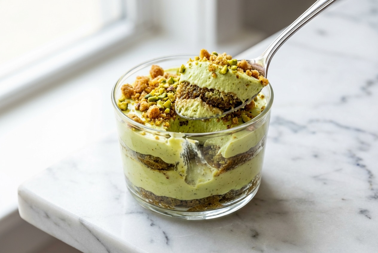 A slice of creamy pistachio tiramisu on a plate, topped with a generous layer of crunchy brown butter pistachio crumble.