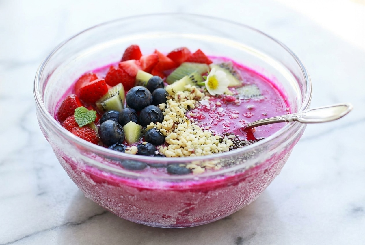 Vibrant pitaya bowls using a flash-frozen technique for a thick, frosty texture and a flavor-enhancing pinch of salt.