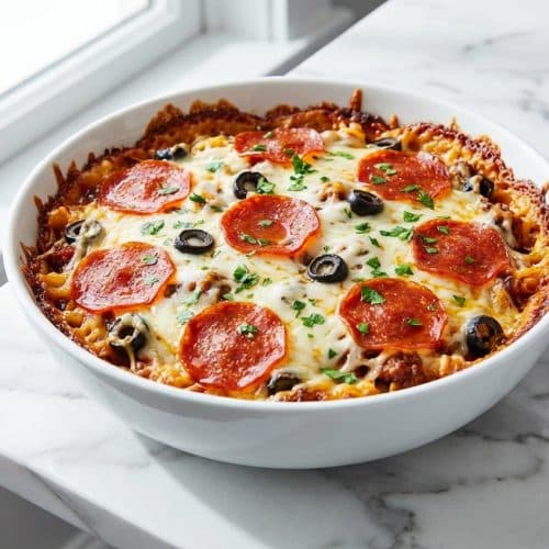 Bubbly pizza casserole with pepperoni slices and the signature crispy deep dish edge technique.