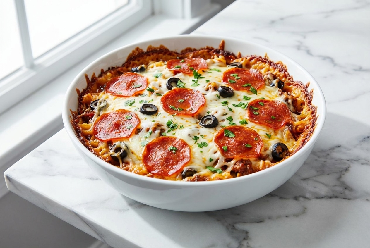 Bubbly pizza casserole with pepperoni slices and the signature crispy deep dish edge technique.