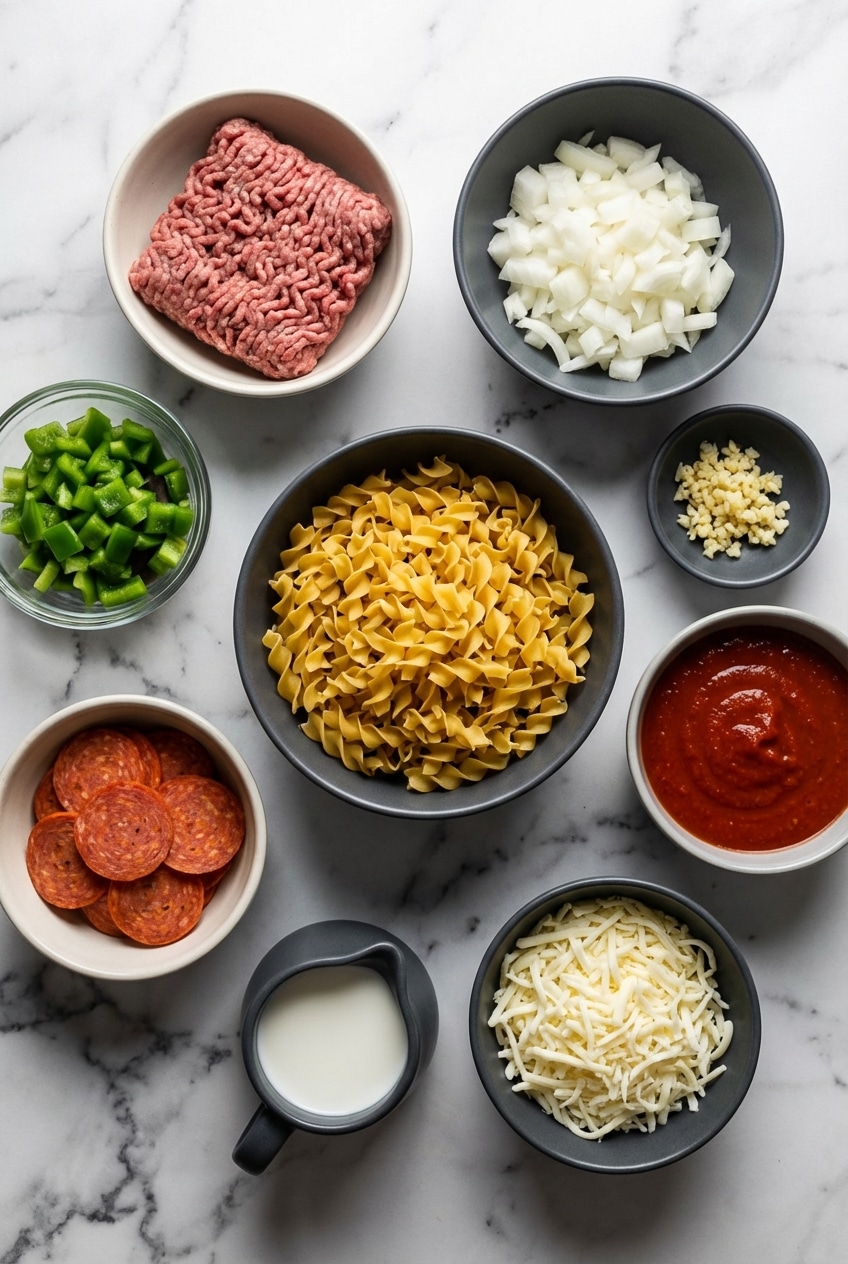 Raw ingredients for pizza casserole including egg noodles, pepperoni slices, and mozzarella cheese on a flat surface.