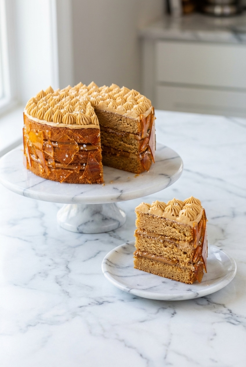 A generous slice of dulce de leche cake served on a dessert plate with a fork, ready to be enjoyed with a cup of coffee.