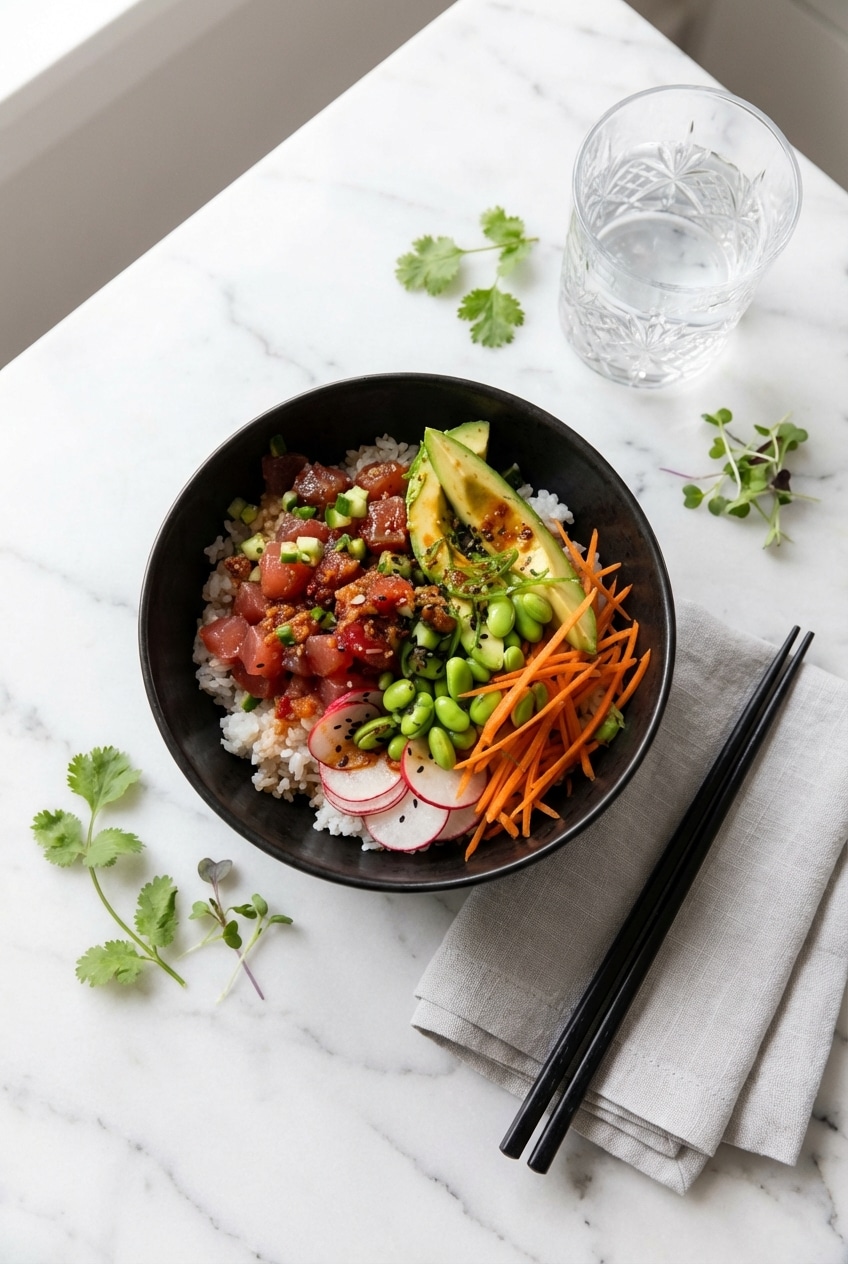 Finished poke bowl recipe showing the cold-smoke infusion texture and spicy Sriracha drizzle.