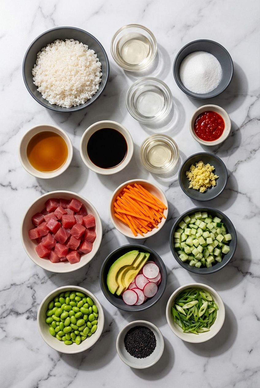 Raw ingredients for poke bowl recipe including sashimi-grade Ahi tuna, short-grain rice, and rice vinegar.