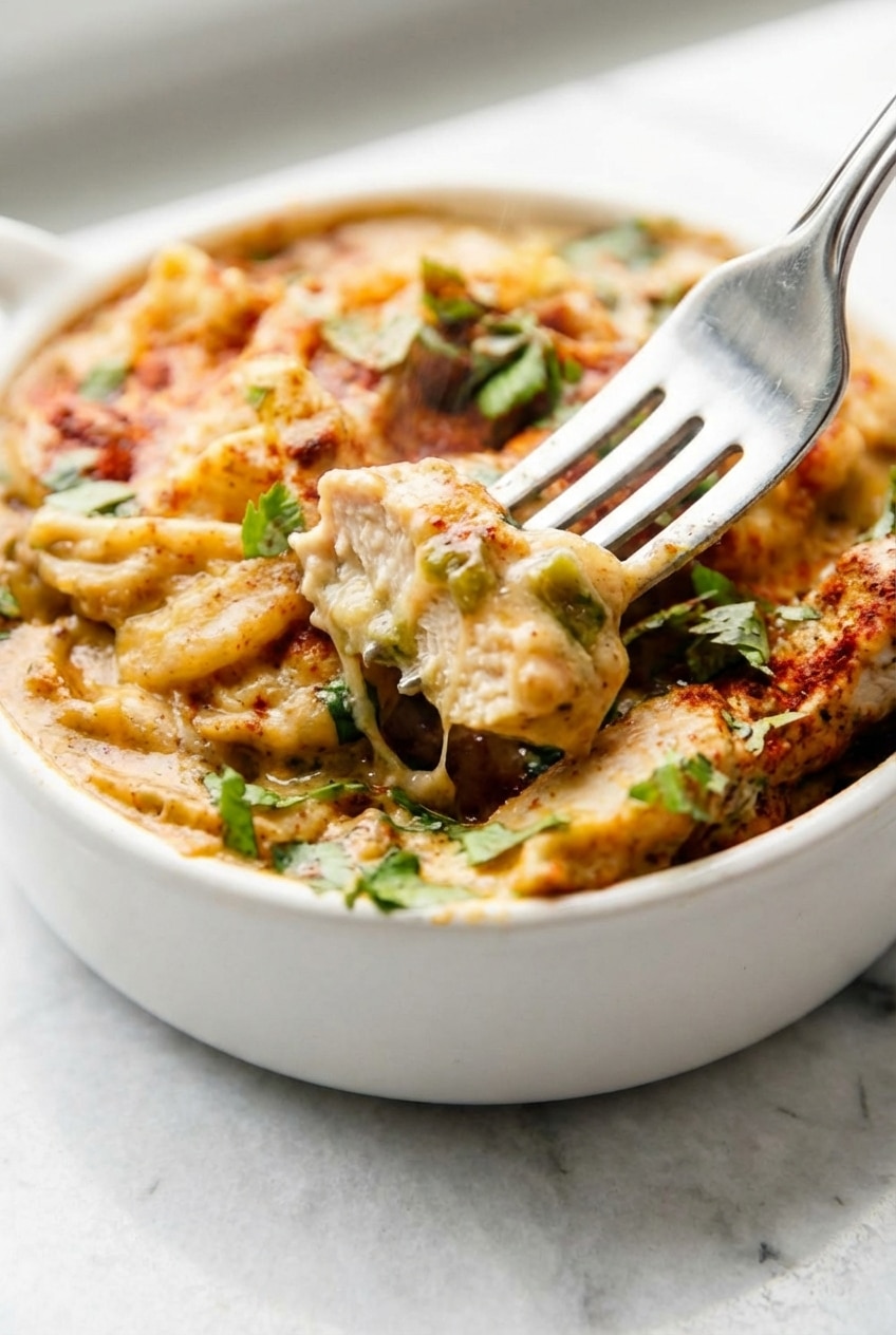 Close-up of the velvety jalapeño cream cheese sauce used in this pollo fundido recipe.