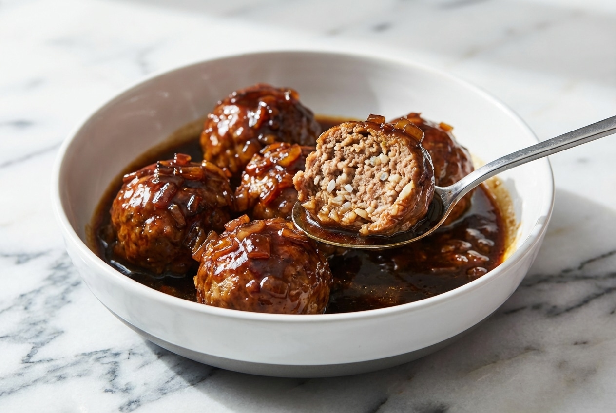 Tender porcupine meatballs simmering in a rich tomato sauce enhanced with balsamic vinegar and sautéed aromatics in a skillet