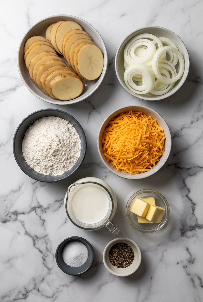 Flat lay of Russet potatoes, Yukon Gold, Gruyère, sharp cheddar, and heavy cream for potatoes au gratin.