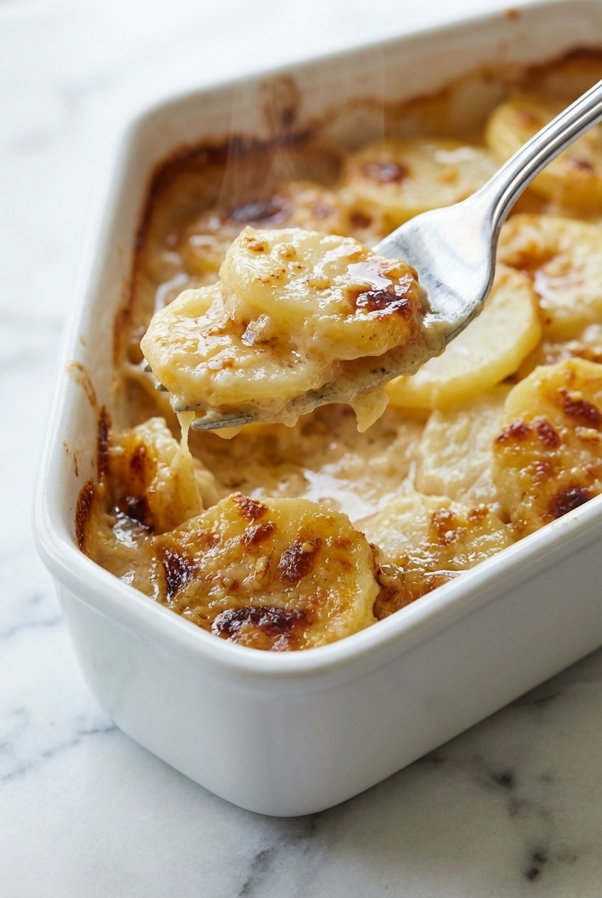 Close-up texture of creamy potatoes au gratin showing the velvety Bechamel sauce and melted Gruyère cheese.