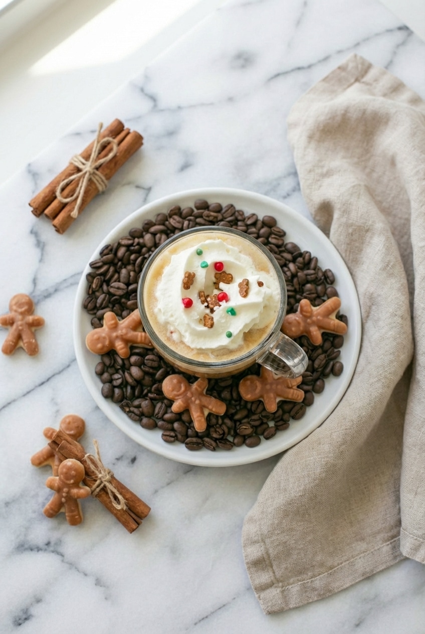 Pouring thick frothed milk from a milk frother into a glass mug to finish a gingerbread latte recipe.