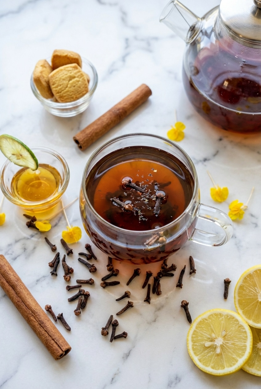 Pouring a perfectly steeped clove tea recipe from a glass teapot into a waiting teacup with honey.