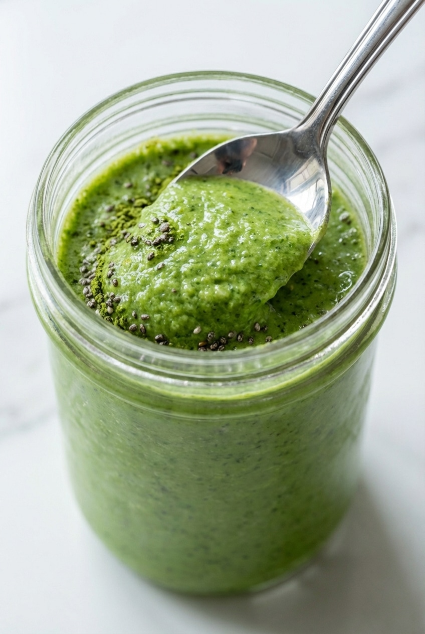 Pouring a freshly blended Weight Loss Green Smoothie Recipe from a blender into a glass on a bright kitchen counter.
