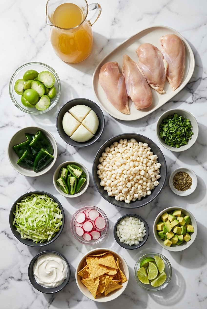 Flat lay of tomatillos, poblano chiles, hominy, pepitas, and cilantro for making pozole verde.