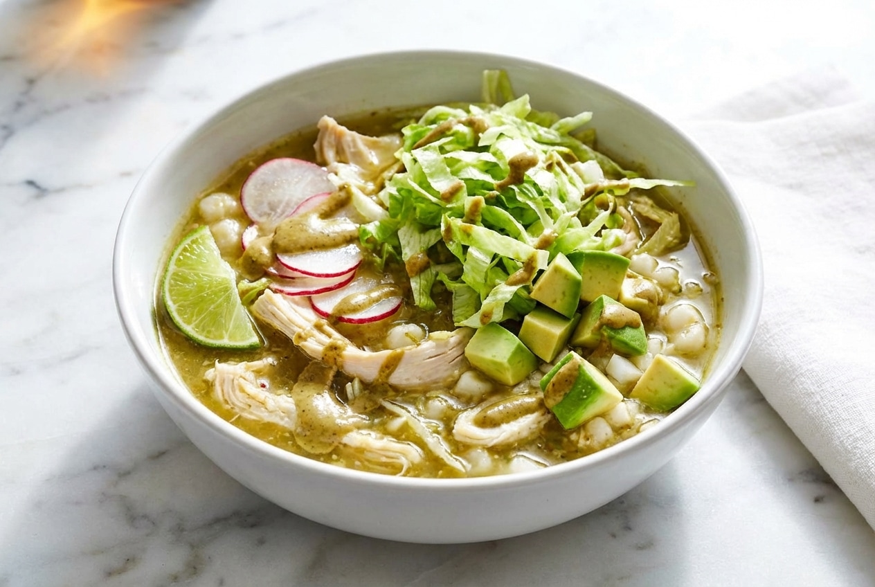 A bowl of vibrant pozole verde topped with a creamy toasted pepita emulsion and fresh radish slices.