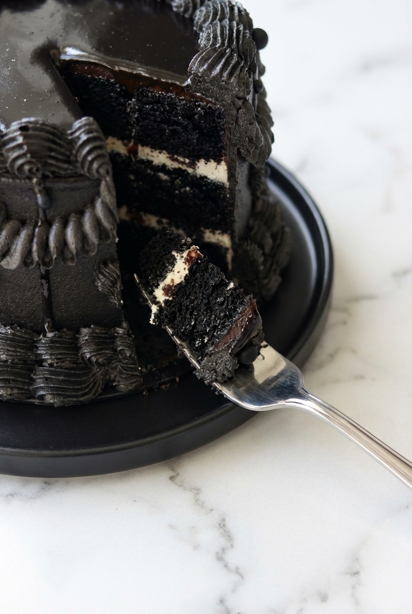 The rich, dark batter for the black velvet cake being mixed in a bowl, showing the deep color from the bloomed black cocoa powder.