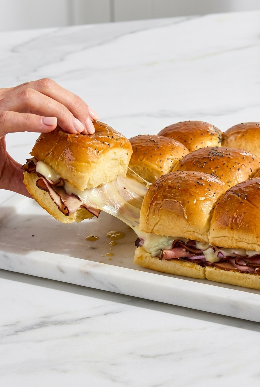 Slicing a pack of Hawaiian Roll Sliders horizontally with a serrated knife to prepare for filling.