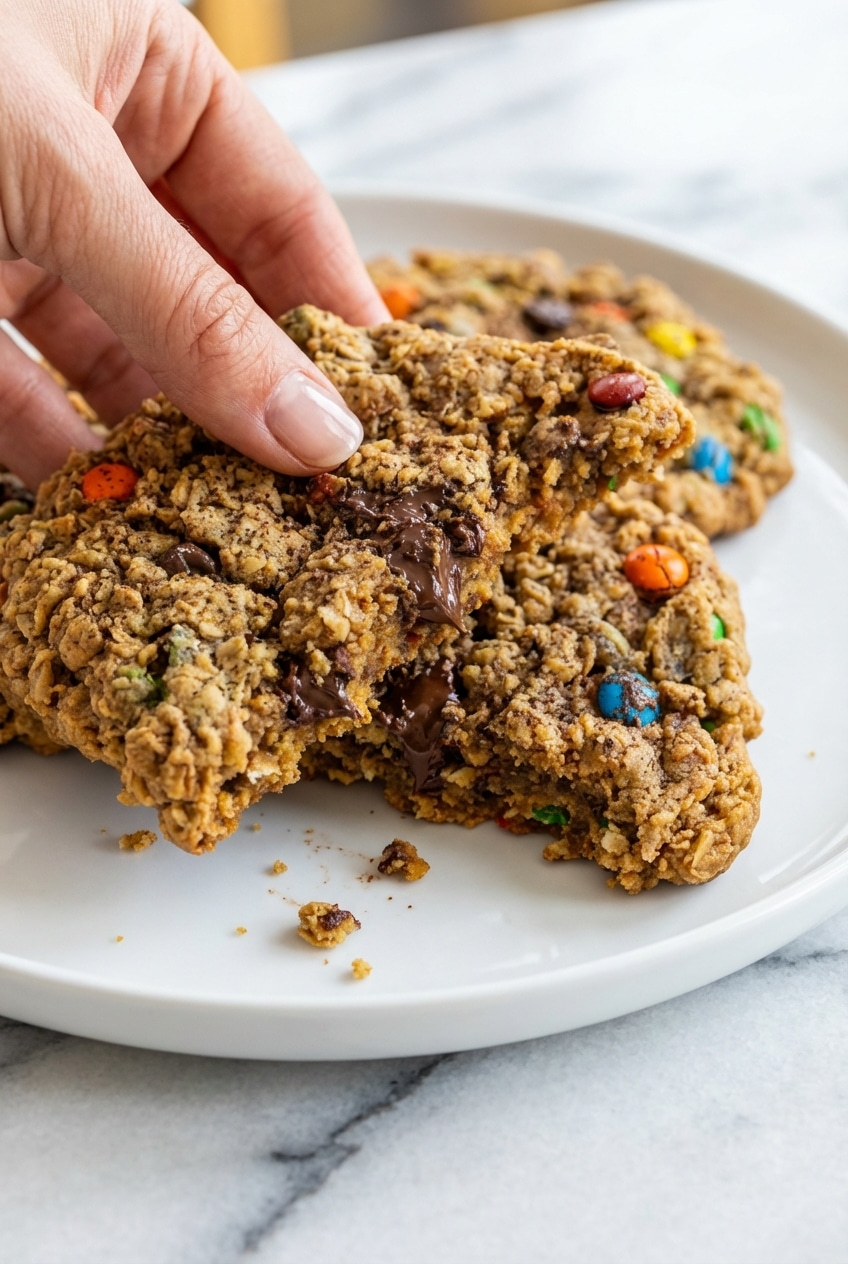 A cookie scoop portioning out monster cookies dough onto a tray lined with parchment paper.