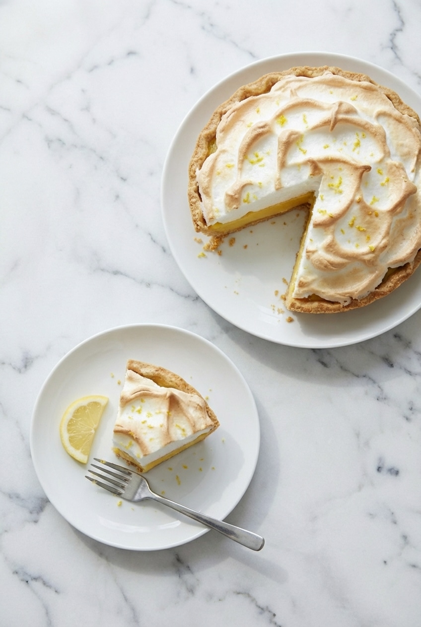 A slice of lemon meringue pie on a plate showcasing the smooth lemon curd and golden par-baked crust.