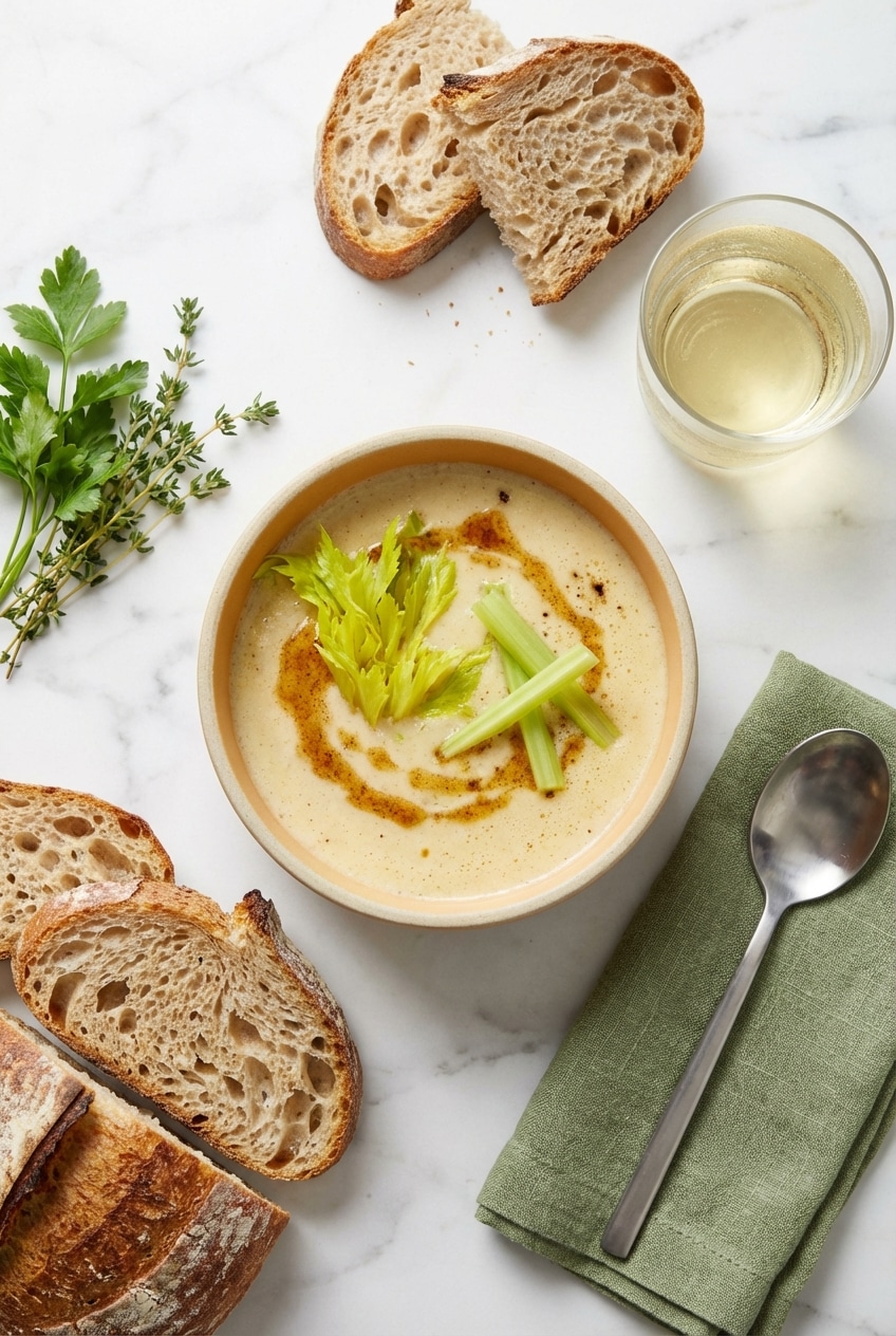 Bowl of cream of celery soup showing the final presentation with brown butter and white pepper garnish.