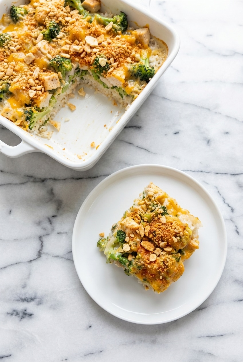 Close-up of the chicken divan recipe in a casserole dish highlighting the melted cheddar cheese and seasoned crumbs.