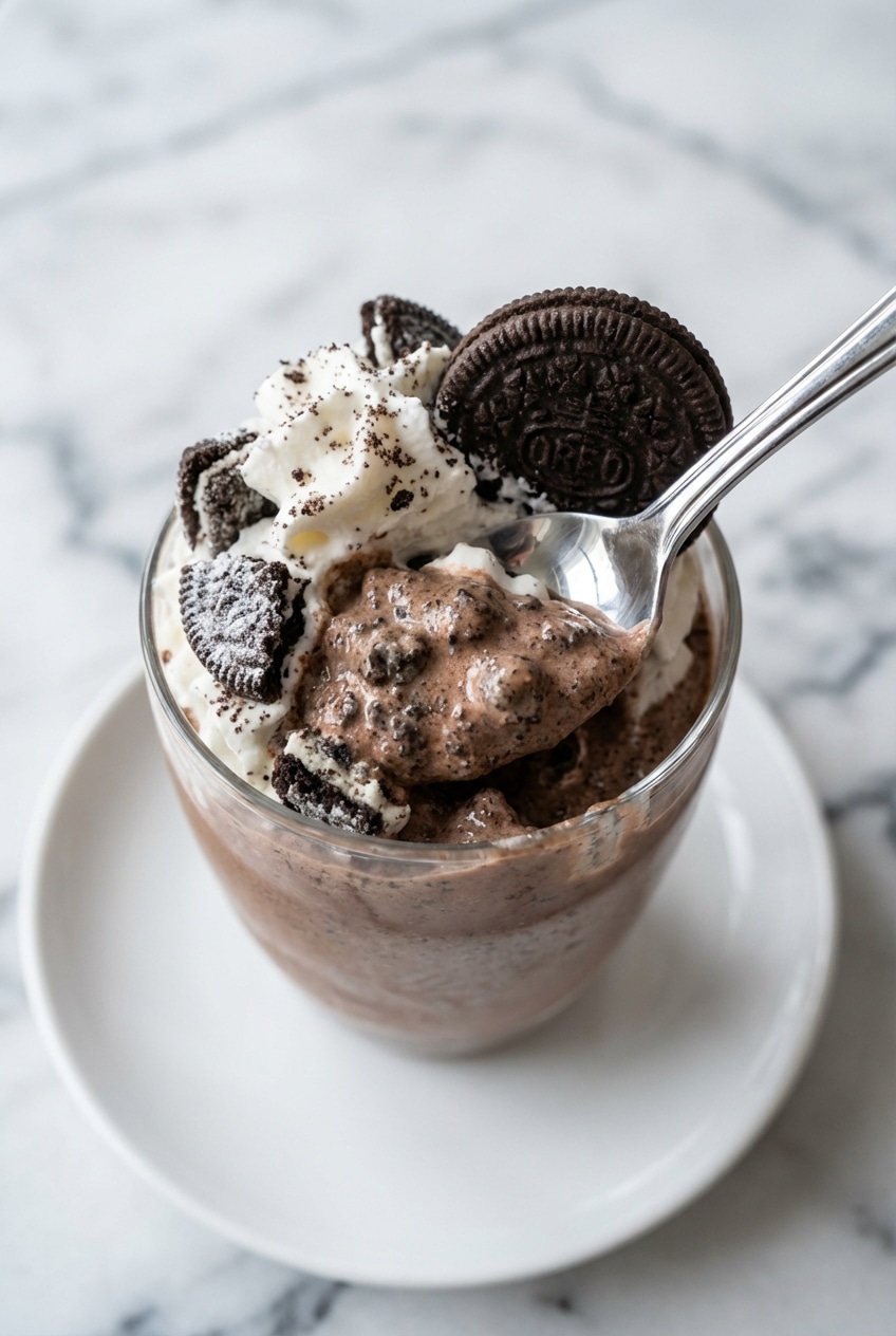 A thick oreo milkshake being poured into a tall glass to demonstrate a professional, diner-quality consistency.