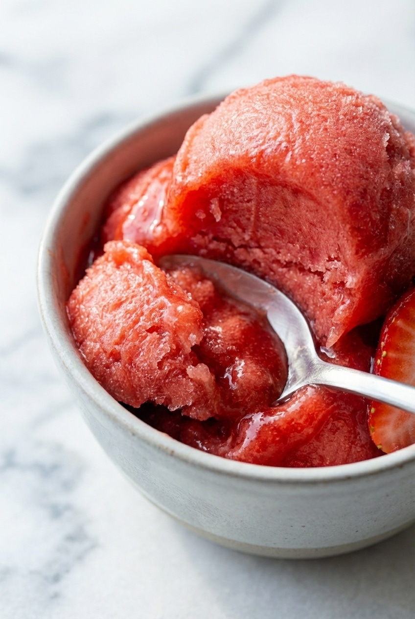 A close-up of a metal scoop pressing into a container of deep red strawberry sorbet, highlighting its smooth, dense texture.