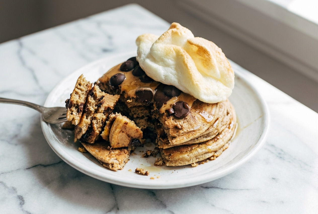Fluffy protein pancakes stacked high, showcasing the airy lift created by the soufflé-fold technique.