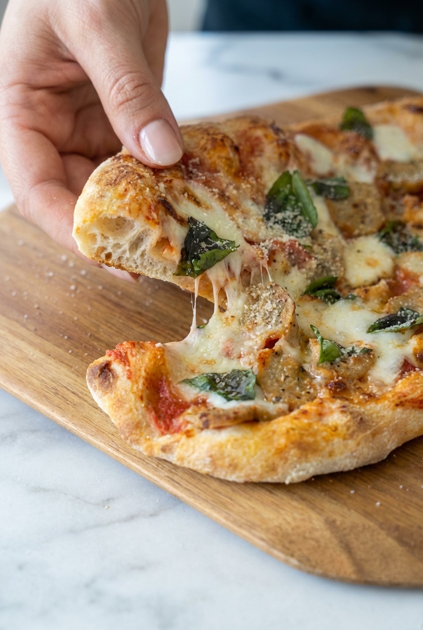 Macro-friendly protein pizza crust showing a perfect bake achieved through cold fermentation and a hot pizza stone.