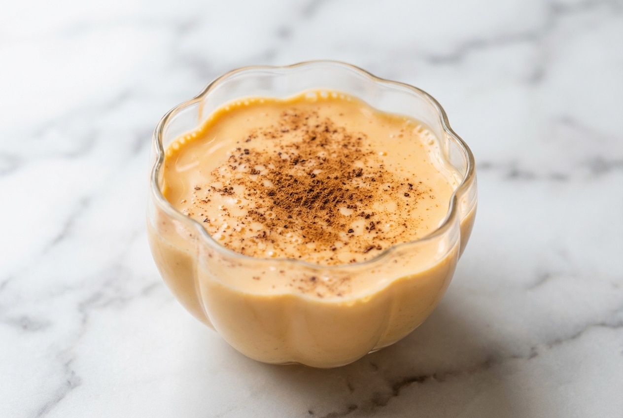 Glass of creamy Pumpkin Eggnog garnished with fresh nutmeg, highlighting the rich color achieved by the bloomed pumpkin technique